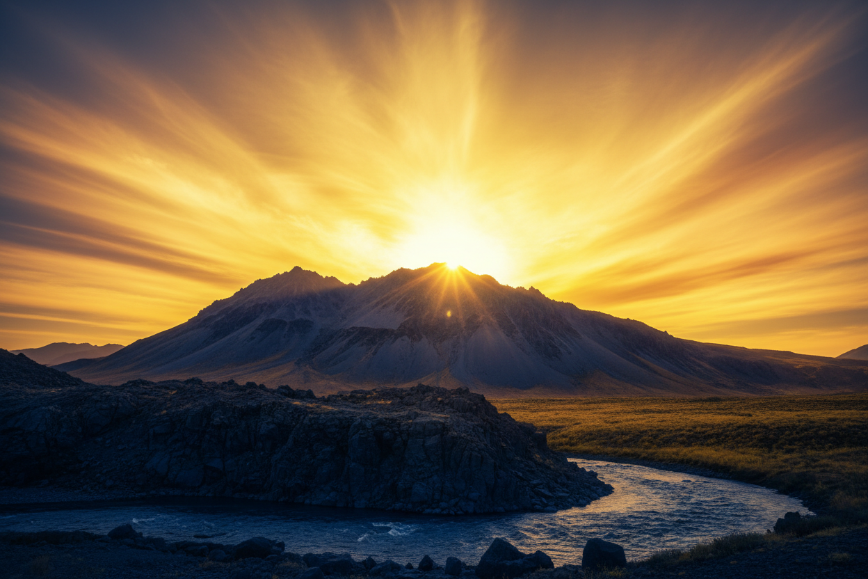 A mountain with a dark blue foreground and a bright yellow background
